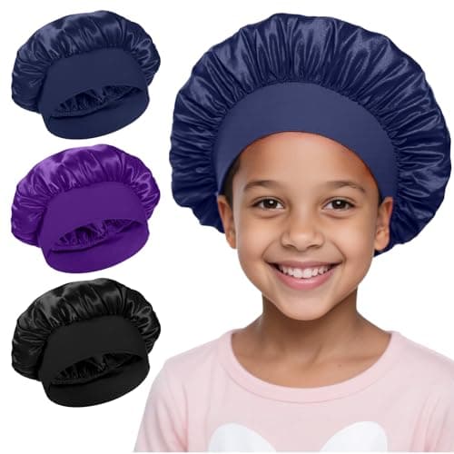 BOHUIZ 3PCS Kids Bonnets for Girls, Satin Silk Bonnet for Kids, Soft Wide Band Sleep Cap Toddler Bonnet Shower Caps(Black, Blue, Purple)
