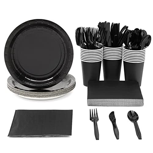 Juvale 144 Piece Black Party Supplies - Serves 24 Disposable Black Paper Plates, Napkins, Cups, and Cutlery, Ideal Party Table Decorations for Birthdays, Halloween Parties & Graduation