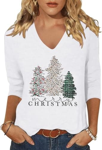 Vircreate Womens 3/4 Sleeve V Neck Christmas T-Shirts Merry Christmas Leopard Plaid Tree Graphic Tee Tops (L,White)