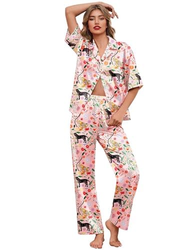 Ekouaer Silk Satin Pajamas Set Women Short Sleeve Pj Sets Button Down Sleepwear 2 Piece Soft Loungewear,Pink Tiger,S