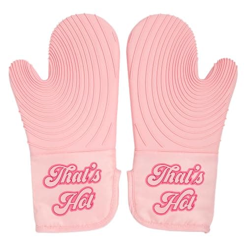 Paris Hilton Oven Mitt Set with Iconic That's HOT Design, Heat Resistant Pot Holders Featuring Non-Slip Textured Silicone Grips, 2-Piece Set, Pink