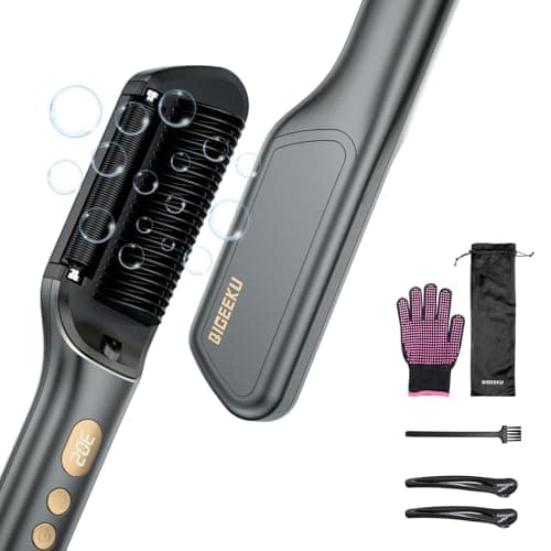 Hair Straightener Brush, Upgraded Ionic Hair Straightener Comb with Oil-Infused, Anti-Frizz Ceramic, Anti-Scald, 9 Temp Settings & LED Display, Dual Voltage, Straightening Brush for All Types