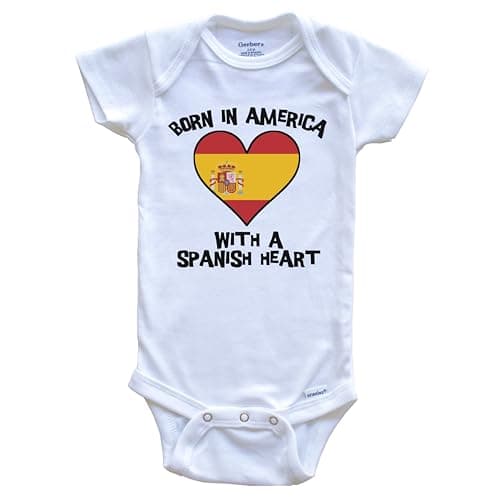 Born in America with A Spanish Heart One Piece Baby Bodysuit Spain Flag Baby Bodysuit, 0-3 Months White