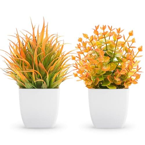 Der Rose 2 Pack Small Fall Fake Plants Mini Artificial Potted Plants Fall Table Office Decor for Home Desk Bathroom Decoration