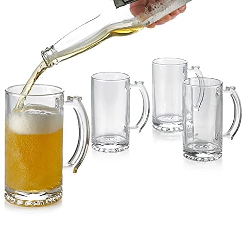 PARNOO Classic Simple Beer Mug Set, Beer Mugs with Handles, Glass Beer Steins, Freezable Beer Glasses, Beer Mug Set of 4-15 Ounces