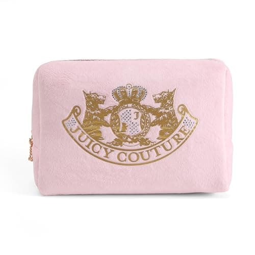 Juicy Couture Pink Makeup Bag Cosmetics Organizer Travel Essentials Zip Top Wedge Gold Terroir Dog Rhinestone Crown Velour