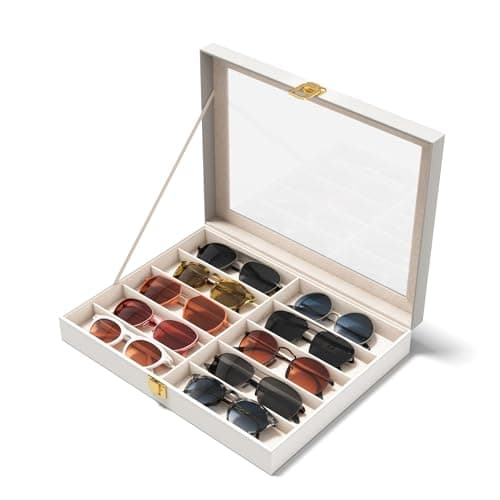 NEWLOOP Sunglass Organizer for Women Men - Multiple Pair of Sunglasses Storage Box Eye Glass Watch Leather Display Case with 10 Slots White