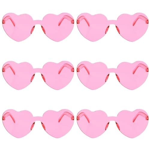 Fengek 6 Pcs Heart Shape Sunglasses Frameless Transparent Glasses Party Favors for Women, Pink