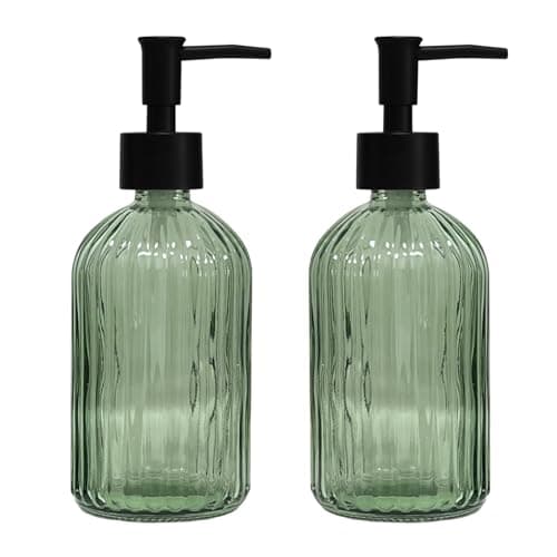 Green Glass Soap Dispenser Set with Black Pump, 13.5oz Refillable Liquid Hand Soap Dispenser, Lotion Dish Soap Dispenser for Modern Home Decor, Bathroom, Kitchen Countertop, Hotel(2 Pack)