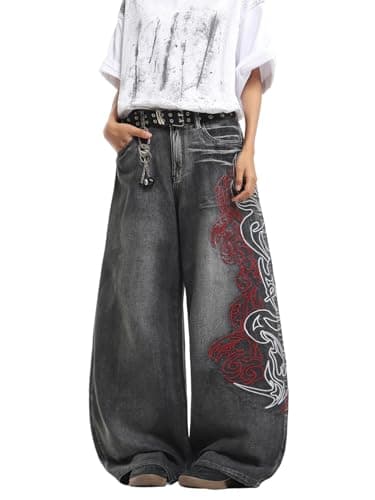 DFGIGT Men's Hip Hop Baggy Jeans Embroidered Wide Leg Skater Jeans Loose Fit Denim Pants Streetwear Y2k 2000s Jinco Extra Oversized Relaxed Extreme Skateboard,C25 Black,Medium
