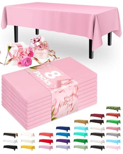 Pureegg Plastic Table Cloth Disposable 8 Pack, 54 x 108 Inch Table Cloths, Easter Party, Valentines, Mothers Day Decorations, Tablecloths, Rectangle, Pastel Plastic Cover, Leakproof & Sturdy, Pink