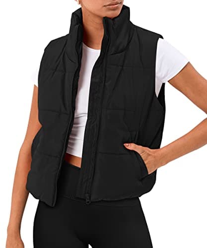 AUTOMET Puffer Vest Women Sleeveless Winter Cropped Outerwear Warm Puffer Lightweight Stand-up Collar Down with Pockets Black M