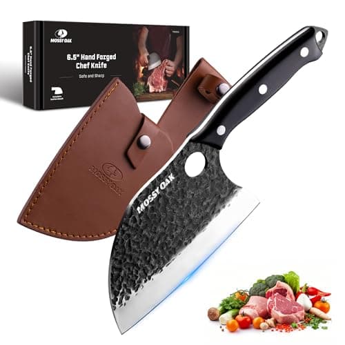 Mossy Oak Serbian Chef Knife, Meat Cleaver Knife with Genuine Leather Sheath, Hand Forged Heavy Duty Chopper Knife Full Tang Handle, Butcher Knife for Kitchen, Outdoor Cooking, Camping and BBQ