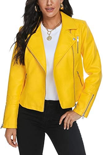 Fahsyee Women's Yellow Leather Jackets, Faux Motorcycle Bomber Moto Biker Plus Size Coat Short Lightweight Vegan Pleather Fashion L