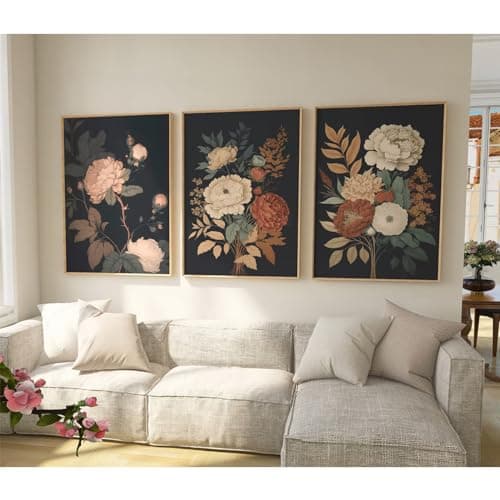 Vintage Flower Wall Art Dark Floral Canvas Wall Art Botanical Farmhouse Wall Art Prints Black Flower Pictures Wall Decor Moody Floral Artwork Painting for Living Room Bedroom 16x24x3 Inch Unframed