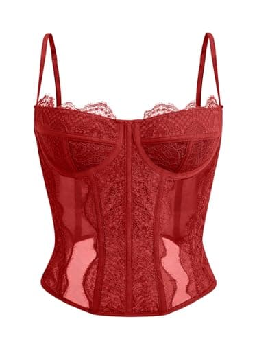 Dealmore Corset Tops For Women Going Out Lace Mesh Date Night Fall Fashion Outfits Clothes Crop Cute Party Strap Tank Red Medium