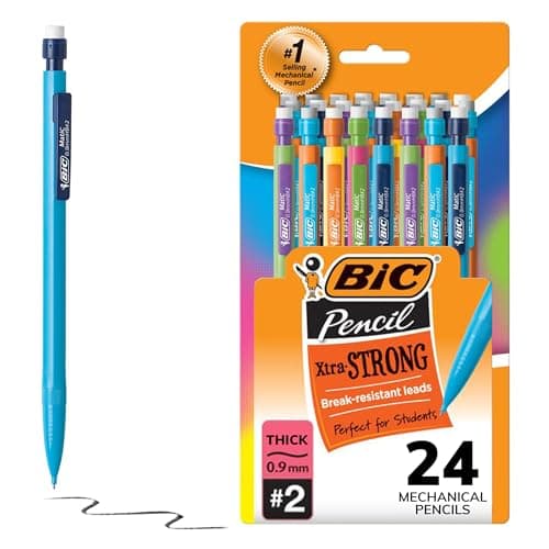 BIC Xtra-Strong Thick Lead Mechanical Pencil, With Colorful Barrel Thick Point (0.9mm), 24-Count Pack, With Erasers (MPLWP241)