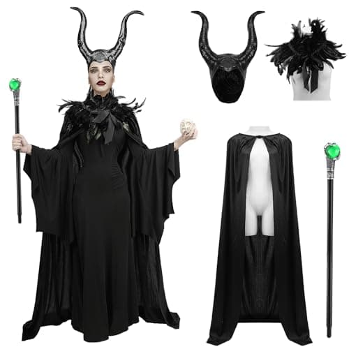 Halloween Maleficent Costume Evil Queen Woman Set 4Pack Black Gothic Witch Feather Shawl Mesh Cape with Horns Wand