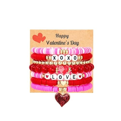 Pingyongchang Valentine's Day Bracelets for Women Heishi Surfer Pink Clay Bead Bracelet Set Love Heart Bracelets Bulk Cute Pink Red Stackable Stretch Bangle Birthday Accessories Jewelry Gifts-7pcs