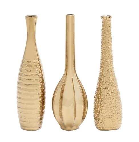 Deco 79 Ceramic Decorative Vase Slim Textured Bottleneck Centerpiece Vases with Varying Patterns, set of 3 Flower Vases for Home Decoration 4" x 4" x 12", Gold