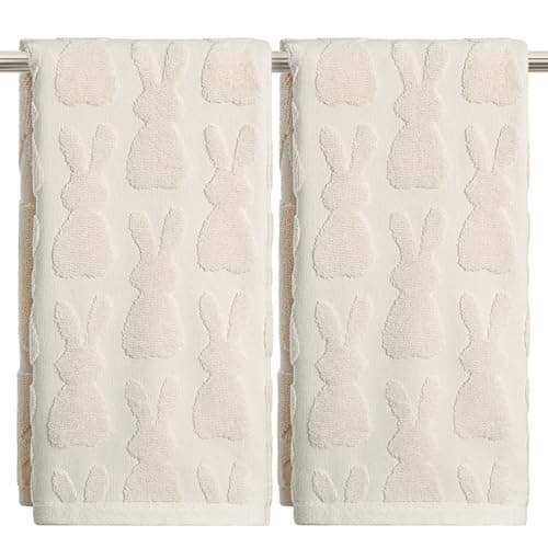 Artoid Mode 2 Pcs Beige 3D Rabbit Jacquard Easter Hand Towels for Bathroom, 100% Cotton Soft Absorbent Bathroom Decor Towels, 13.7 x 29.5 Inch