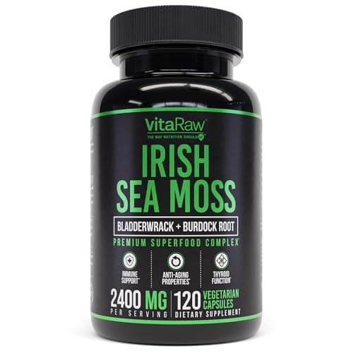 VitaRaw Organic Irish Sea Moss Capsules 2400 mg - Burdock Root and Bladderwrack Powder Real Seamoss Pills for Immune Support, Joint and Gut Health Help - Raw Sea Moss Advanced Herbal Supplement