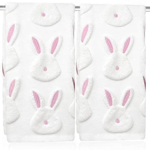 UHRMF 2pcs Rabbit Easter Hand Towels for Bathroom Set 100% Cotton Jacquard Bunny Spring Bath Towels Dish Kitchen Towels Holiday Festivals Kitchen Bathroom Decor Gift (White)