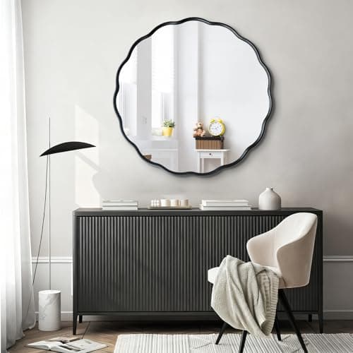 ietat Black Round Wavy Mirror 30 Inch ，Circle Bathroom Vanity Mirror with Mental Frame Modern Decorative Wall Mirror for Living Room Hallway