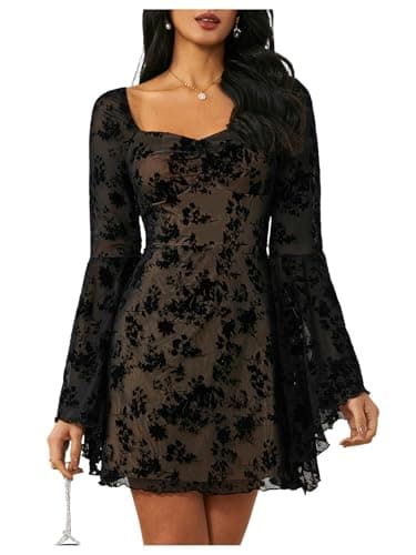 WDIRARA Women's Floral Jacquard Mesh Gothic Dress Bell Long Sleeve A Line Vintage Dresses Black Medium