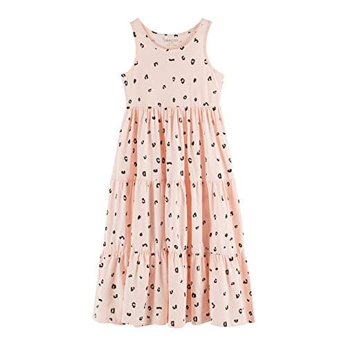 UNACOO Kids Girls 100% Cotton Sleeveless Long Maxi Tiered Dress (Age 3-12 Years) (Pink Printed, m(7-8Y))
