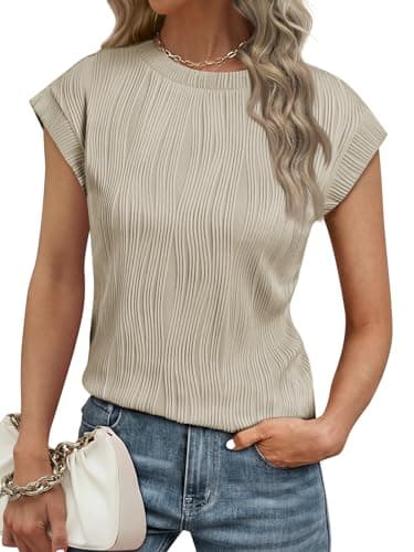 LILLUSORY Women's Short Sleeve Dressy Tops Crewneck Textured Tops Cute Summer Tops 2024 Basic T-Shirts Work Blouses Apricot S