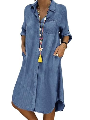utcoco Denim Dress for Women 2025 Casual Loose Long Sleeve Classic Vintage Button Down Jean Shirt Dresses with Pockets (Large, Light Blue)