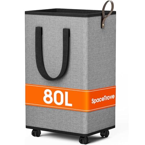 SpaceTrove Laundry Basket with Wheels, Collapsible Laundry Baskets, Laundry Hamper with Handles Detachable Wheels, Rolling Laundry Basket, Dirty Clothes Hamper for Bathroom, Dorm, Bedroom, Grey, 80L