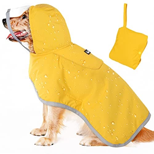 Lukovee Dog Raincoat, Adjustable Dog Rain Jacket with Clear Hooded Double Layer for Large Medium Small Dogs Puppies, Waterproof Dog Rain Coat Poncho with Reflective Storage Pocket & Rim (Yellow, L)