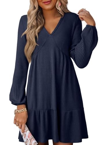 Dokotoo Long Sleeve Dress for Women Fall V Neck Ribbed Knit Empire High Waisted Ruffle Tiered Casual Holiday Dresses Soft A Line Vacation Party Swing Mini Short Tunic Sweater Dress Blue Medium