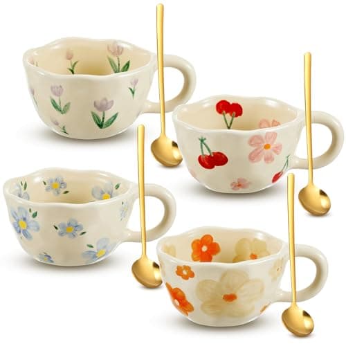 Vesici 4 Styles Cute Ceramic Flower Coffee Mug Set 8.5 oz Vintage Aesthetic Porcelain Floral Tea Coffee Cup with Handle Dishwasher Microwave Safe for Valentine's Day Mother's Day Gift for Women Gifts