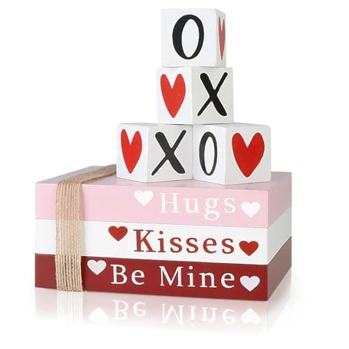 Valentines Day Decor, Wooden Book Stack with 4 XOXO Signs - Valentines Day Decorations for The Home, Tiered Tray, Coffee Table, Fireplace Mantel, Shelf