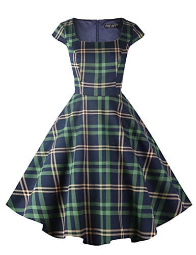 PUKAVT Women's Cocktail Party Dress Cap Sleeve 1950 Retro Swing Dress with Pockets Green Plaid S