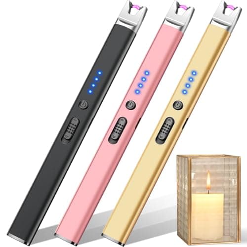 LcFun 3 Pack Candle Lighter Electric USB Rechargeable Plasma Arc Lighter with Safety Lock, Windproof Flameless Long Lighters for Candle, Grill, BBQ, Camping, Gas Stoves (Black,Pink,Blue)