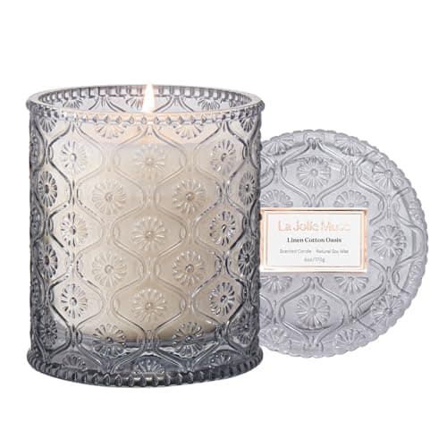 LA JOLIE MUSE Linen Cotton Oasis Scented Candle - Cotton, Jasmine & Warm Musk | 6 oz Natural Soy Wax | 40 Hours Clean Burn | Gift-Ready for Hosts, Gatherings | Elegant Home Décor