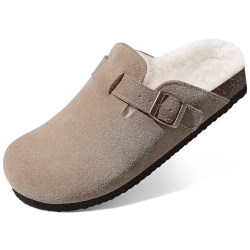 KIDMI Women's Fur Lined Suede Clogs Fuzzy Cork Footbed Mules Slip On Winter Potato Shoes, Taupe 40 (Size 8.5-9)