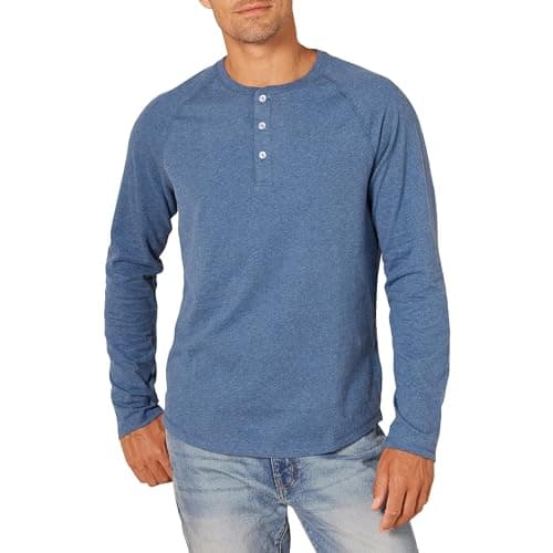 Amazon Essentials Men's Slim-Fit Long-Sleeve Henley Shirt, Blue Heather, Large