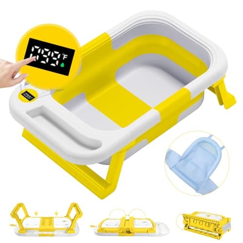 Baby Bathtub for Infants to Toddler, Collapsible Baby Bath Tub, with Thermometer & Soft Floating Cushion & Bath Net Portable Bathtub, Yellow