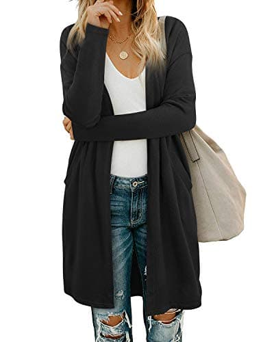 OUGES Women's 2024 Fashion Fall Winter Sweater Black Long Sleeve Lightweight Cardigan Shirt Clothing with Pockets(Black,L)