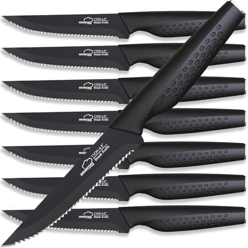 Amorston Steak Knives, Steak Knives Set of 8, Stainless Steel Steak Knife Set, Serrated Steak Knives Dishwasher Safe, Elegant Black