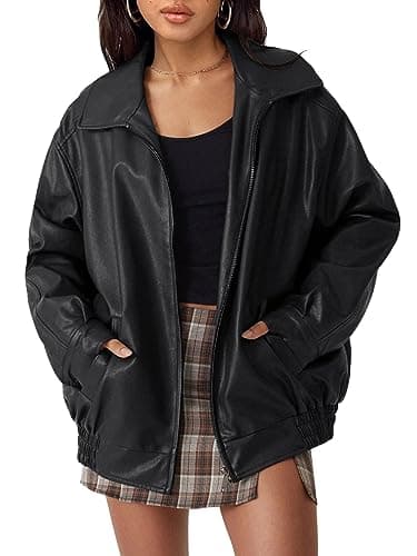 AUTOMET Women's Oversized Faux Leather Jacket - Fall Motorcycle Style Coat with Zipper Closure Black M