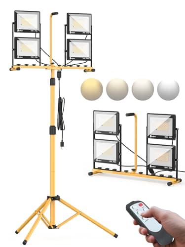 Szwbee 32000 Lumen LED Work Light with Stand & Remote, 4-Head 280W Portable Tripod Light with 16.5FT Cord, 3000K–6000K Adjustable, Waterproof Light for Indoor & Outdoor Job Site Workshop Construction