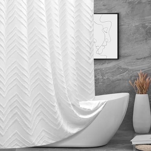 TURKIO White Boho Fabric Shower Curtain 72 x 72 Inches, Modern Shabby Chic Textured Tufted Chevron Striped Minimalist Cloth Bathroom Shower Curtain