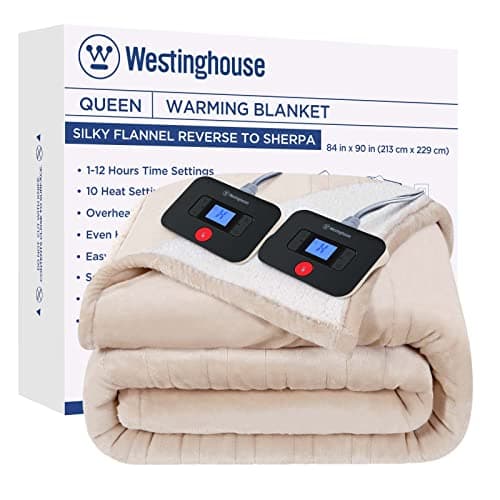 Westinghouse Electric Blanket Queen, Heated Blanket Queen Size with 10 Heating Levels and 1 to 12 Hours Heating Time Settings, Flannel to Sherpa Reversible, Machine Washable (84" x 90", Beige)