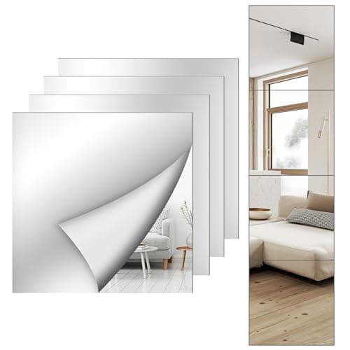 Mirror Wall Full Length,12X12 Inch Unbreakable Mirror Tiles for Bedroom Home Gym Door, Acrylic Squares Mirror Full Body Shatterproof Mirror Stickers for Walls,Mirror Sheets (4pcs)